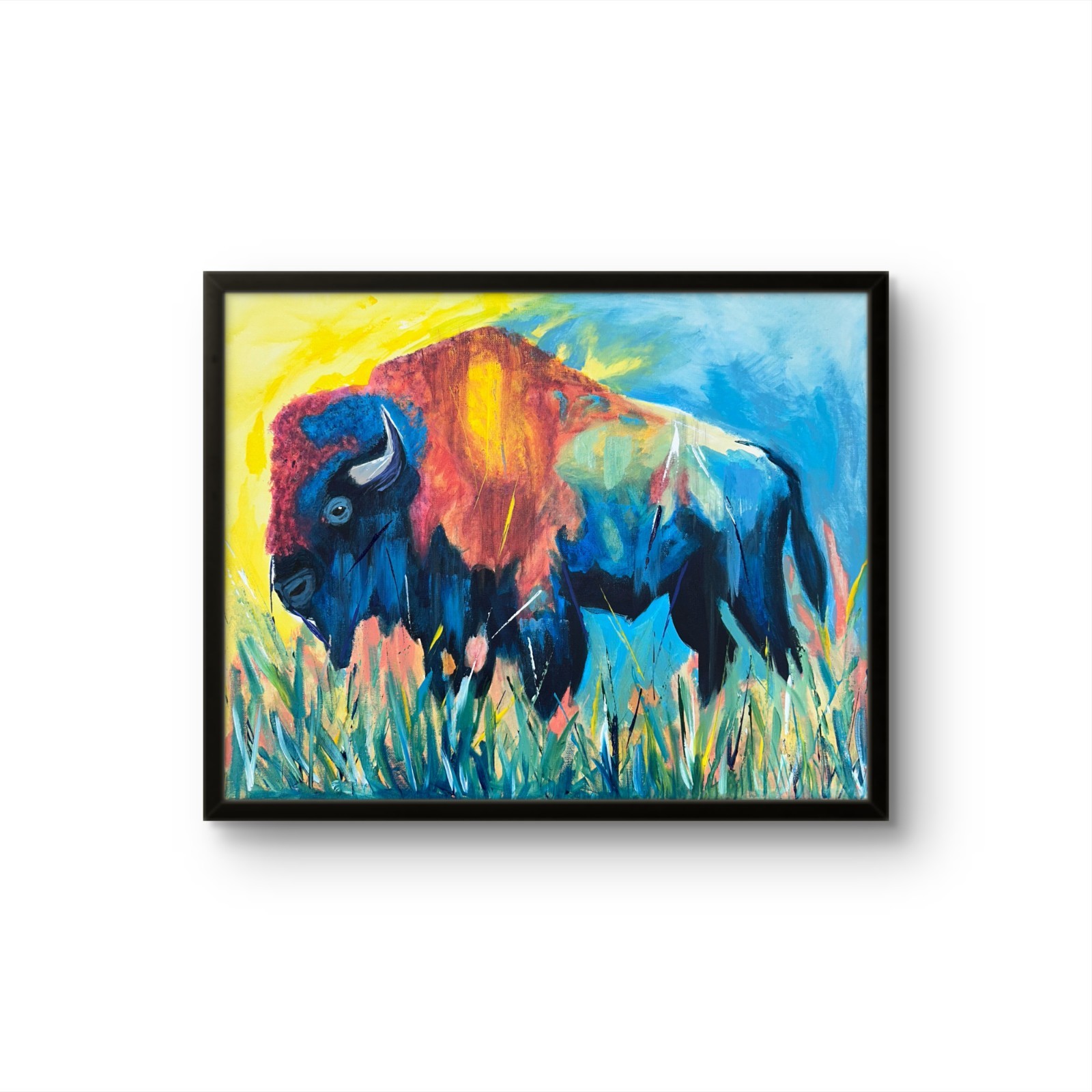 Original Vivid 11×14 Bison Buffalo Expressionist Acrylic Canvas Signed Painting