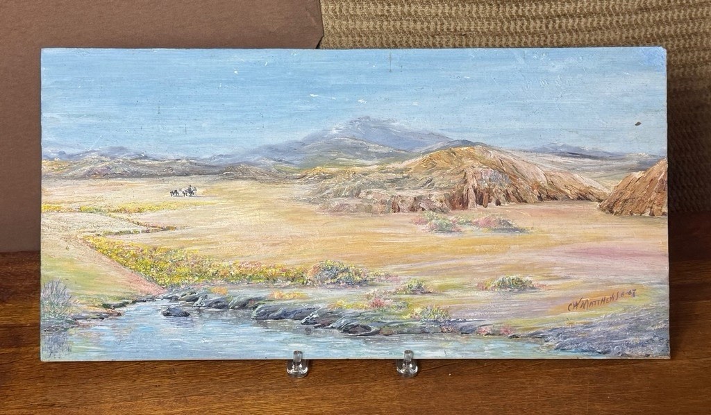 Stellar! 1960s Oil On Masonite Desert Scene Painting By C. W. Matthews 1967