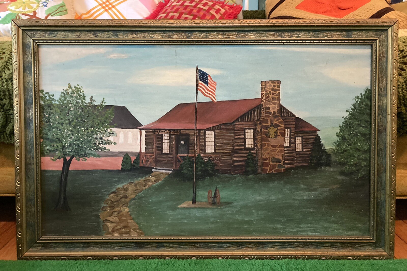 Large Vintage Boy Scouts Cabin Painting On Canvas Framed American Flag
