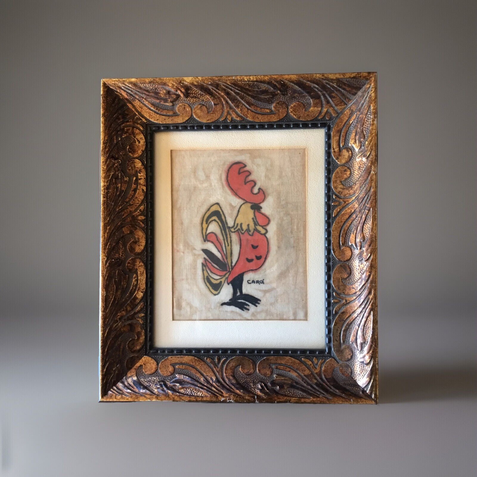 VINTAGE 20th century BATIK PAINTING CLOTH ROOSTER SIGNED & FRAMED TEXTILE ART