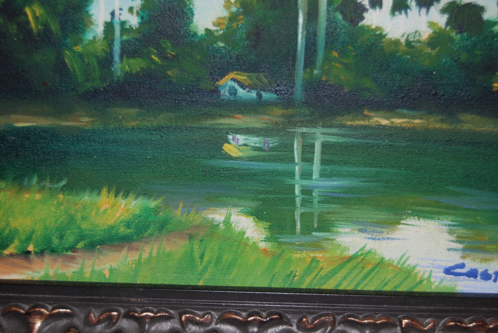 FRAMED SIGNED OIL PALMS AND HUT (BOHIO) A CUBAN COUNTRY SCENE ARTIST: CASTRILLON