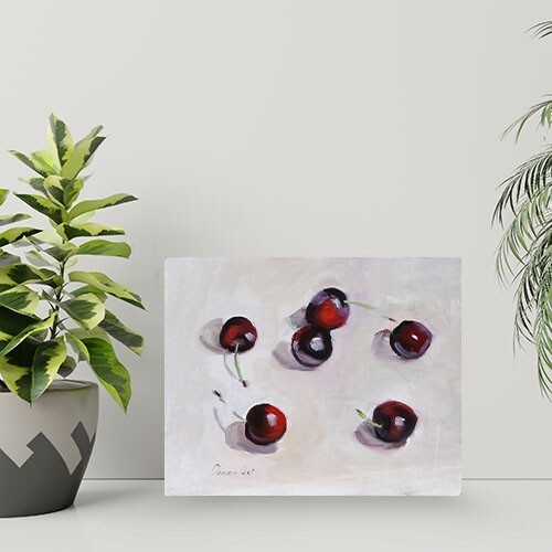 KITCHEN still life cherries Oil painting UKRAINE 8X10 Demenko Natalia