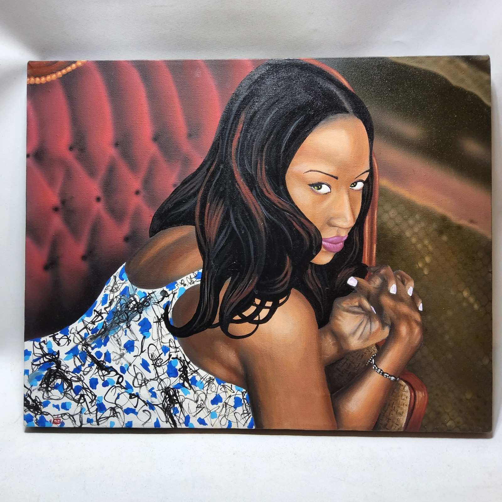 Custom ebony black girl posing on seat portrait acrylic painting art 16×20