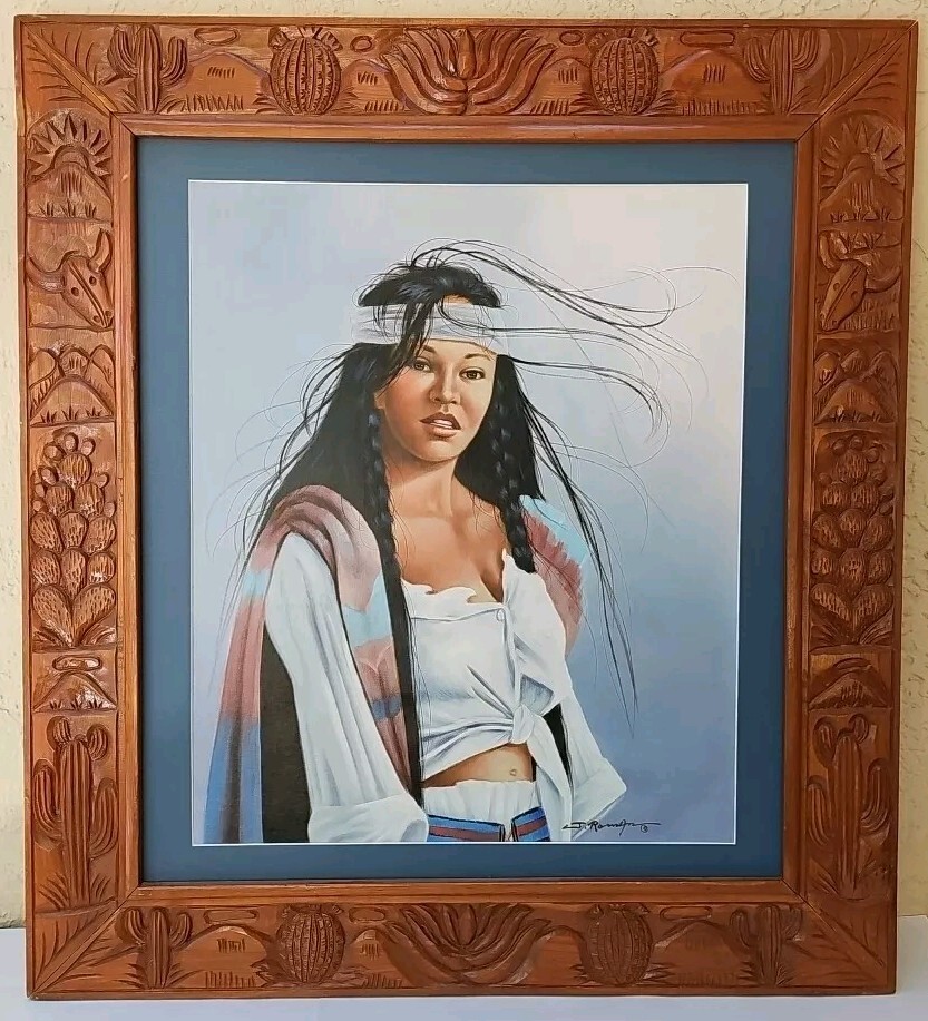 J. Roman Oil Painting Young Native Woman w/ Carved Wood Frame – 31″ X 34.5″