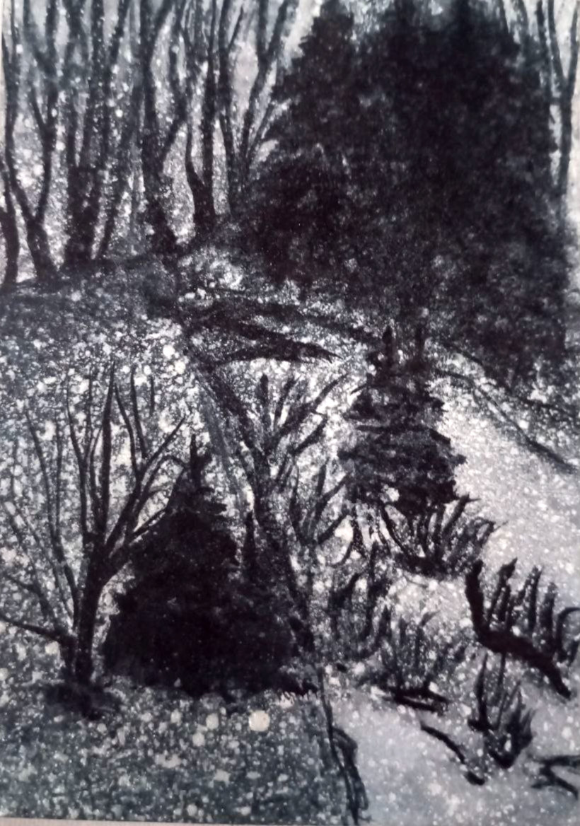 Original watercolor painting ACEO miniature monochrome winter landscape3,5×2,5in