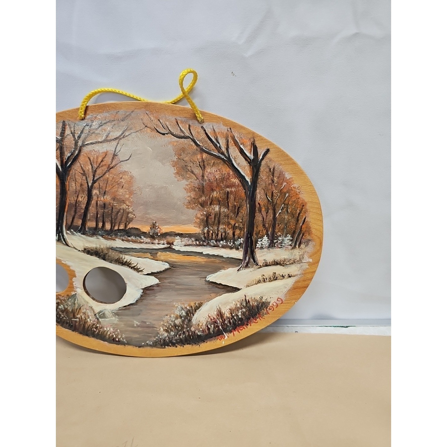 Vintage Oil On Wood Landscape Painting On Palette, Signed W Massek 13×9