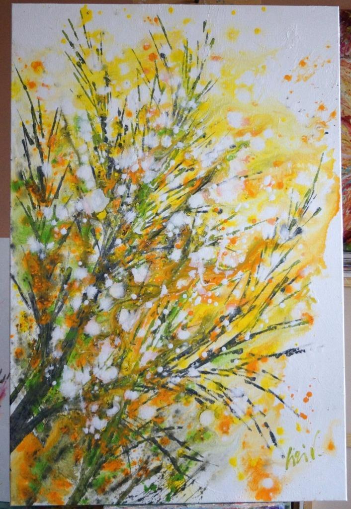 Forsythia Bloom Painting 24×36 Original Yellow White Floral Canvas Spring Wall