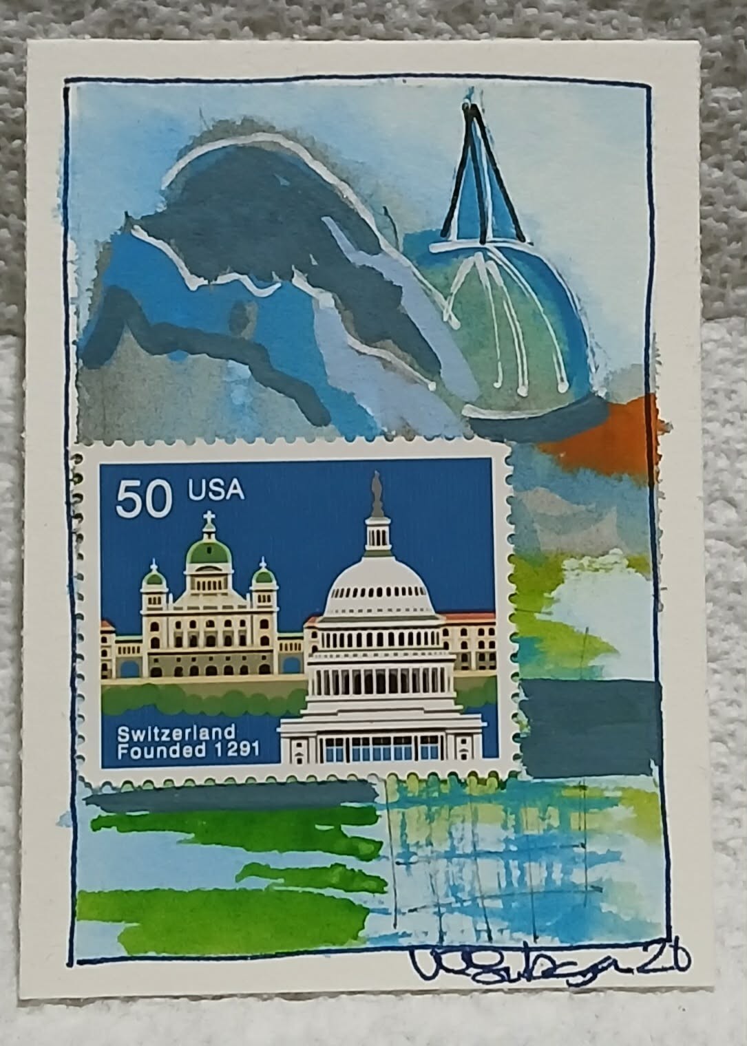 Postal Whimsy OOAK ACEO – 50¢ Switzerland Founded Abstract Mountain & Dome by Vi