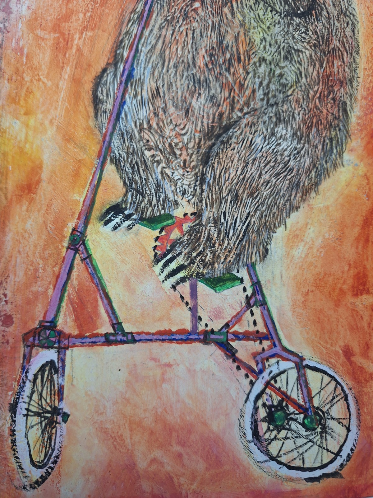 Original BRIAN WILDSMITH PAINTING Bear on Bicycle