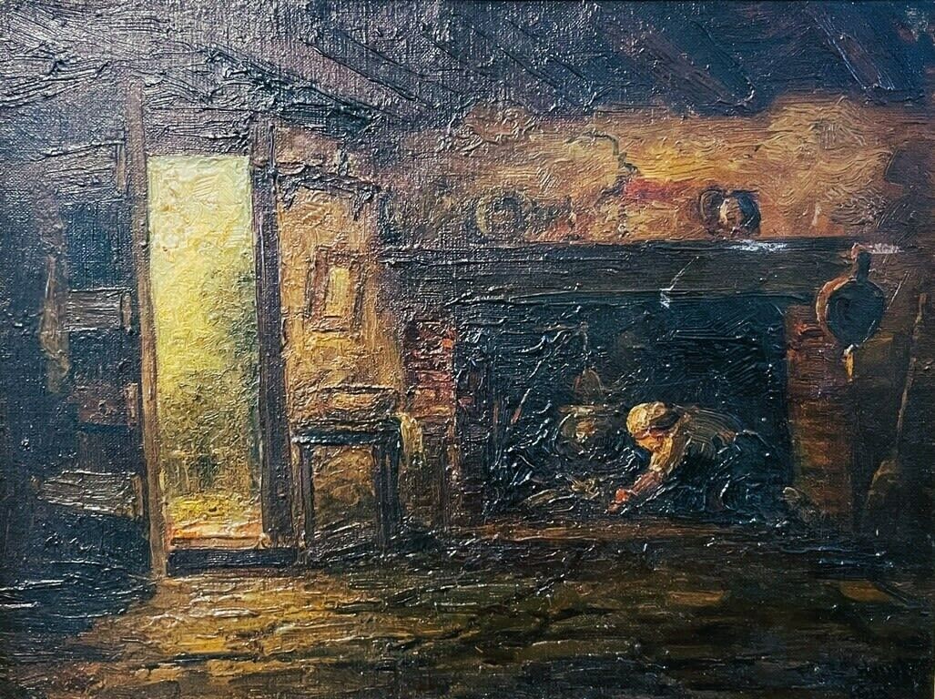 Old Oil Painting «By the Fireplace» Frenel ? Unknown Russia ? Art Judaica Jewish