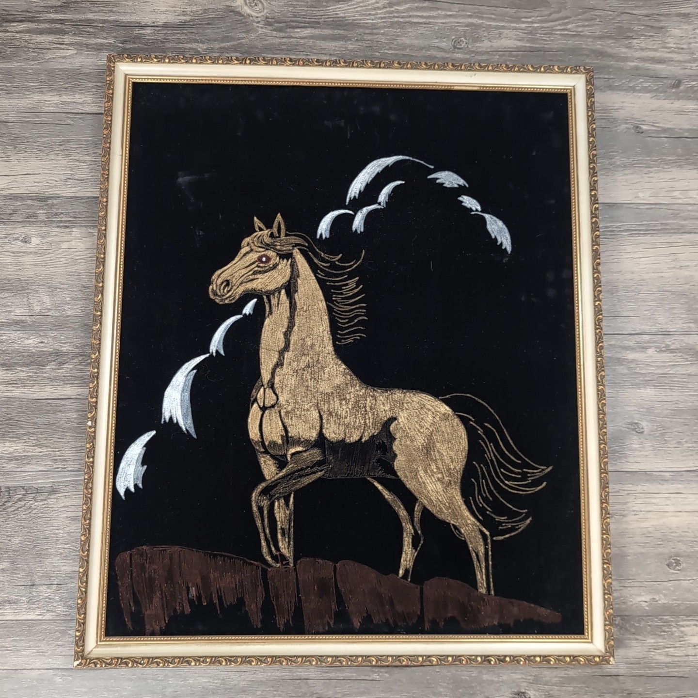 VTG Black Velvet Painting Horse on Cliff Kitsch Pro Framed Wall Art 21.5×25.5