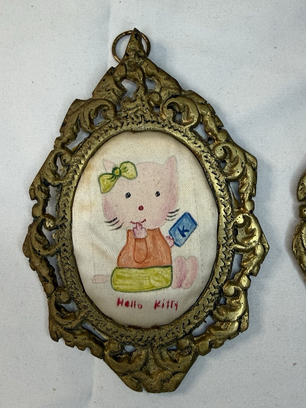 Vintage Hello Kitty Hand-Panted In Silk Fabric On Ornate Brass Frames