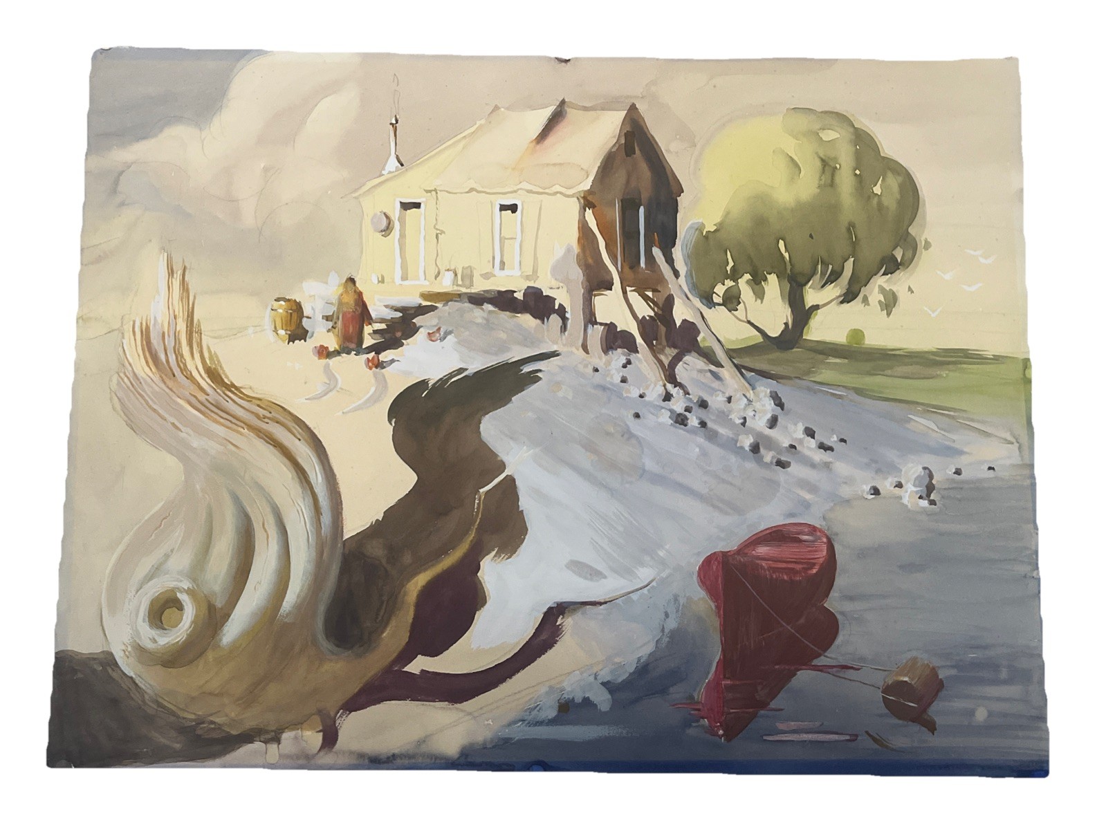 Surreal Watercolor Painting Beach Landscape Figures Signed Shirley Ackerman VTG