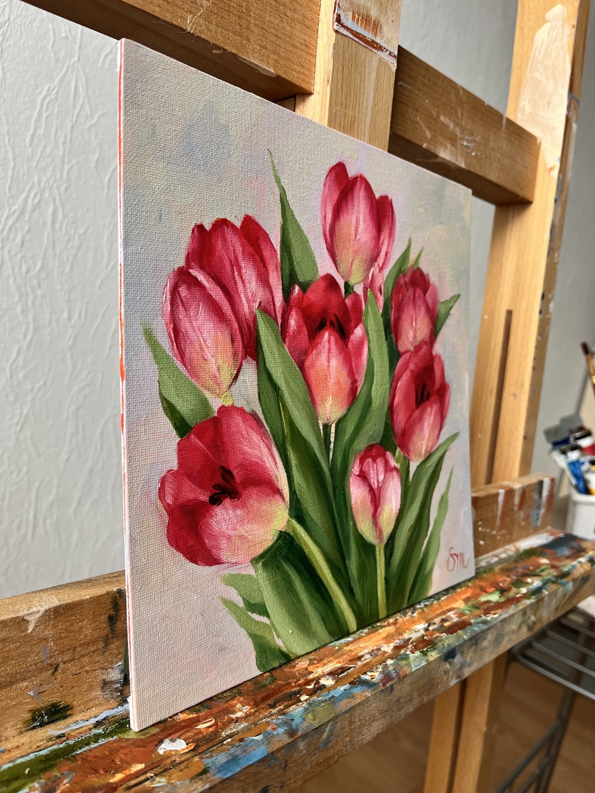Tulip original oil painting 10×10 in (25x25cm) Realistic red pink flowers