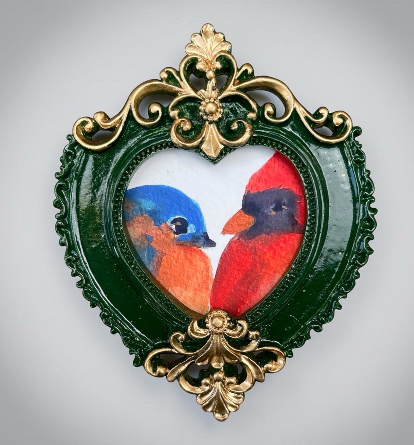 Bluebird & Cardinal mini bird print • Heart-shaped vintage style ornate frame