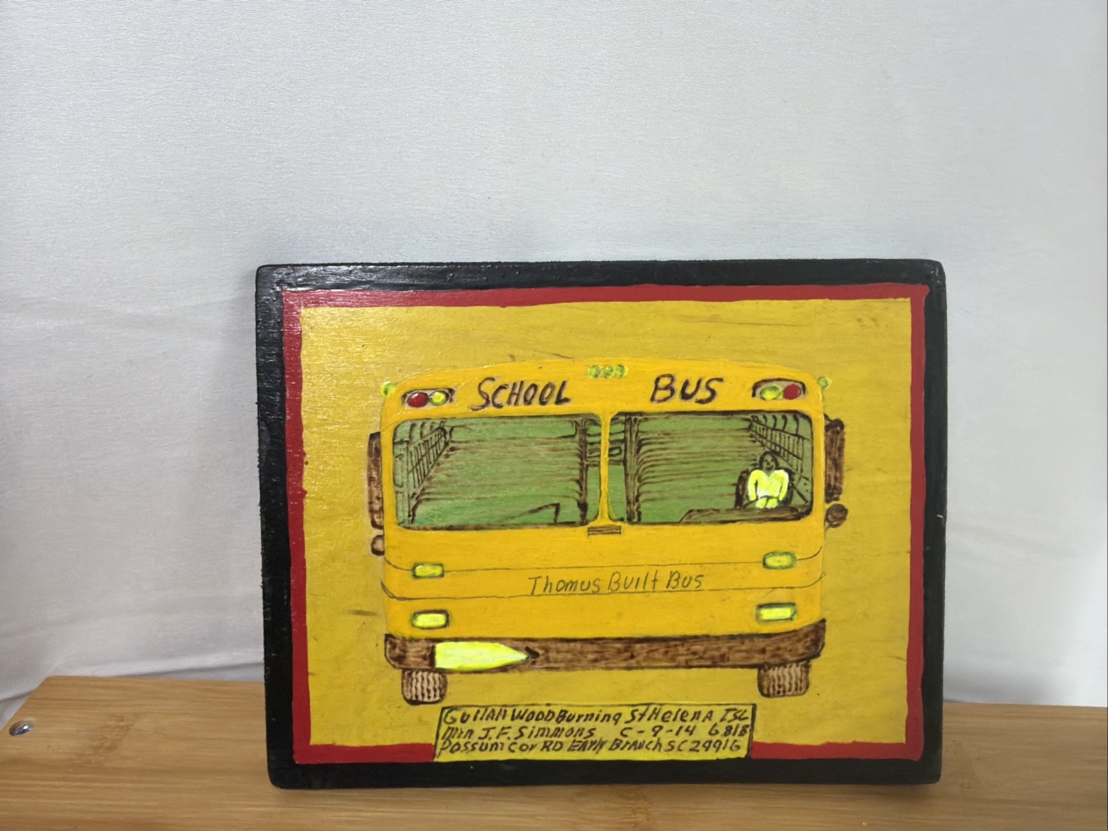 Gullah Folk Art Woodburning Painting Rev. J.F. Simmons “School Bus” Signed