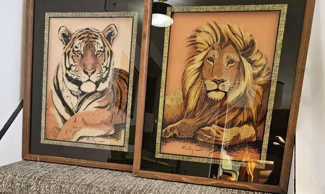 Rare 2 Framed Reverse On Glass Tiger Lion Lulu’s Inc Vintage 77′ Wall Art Retro