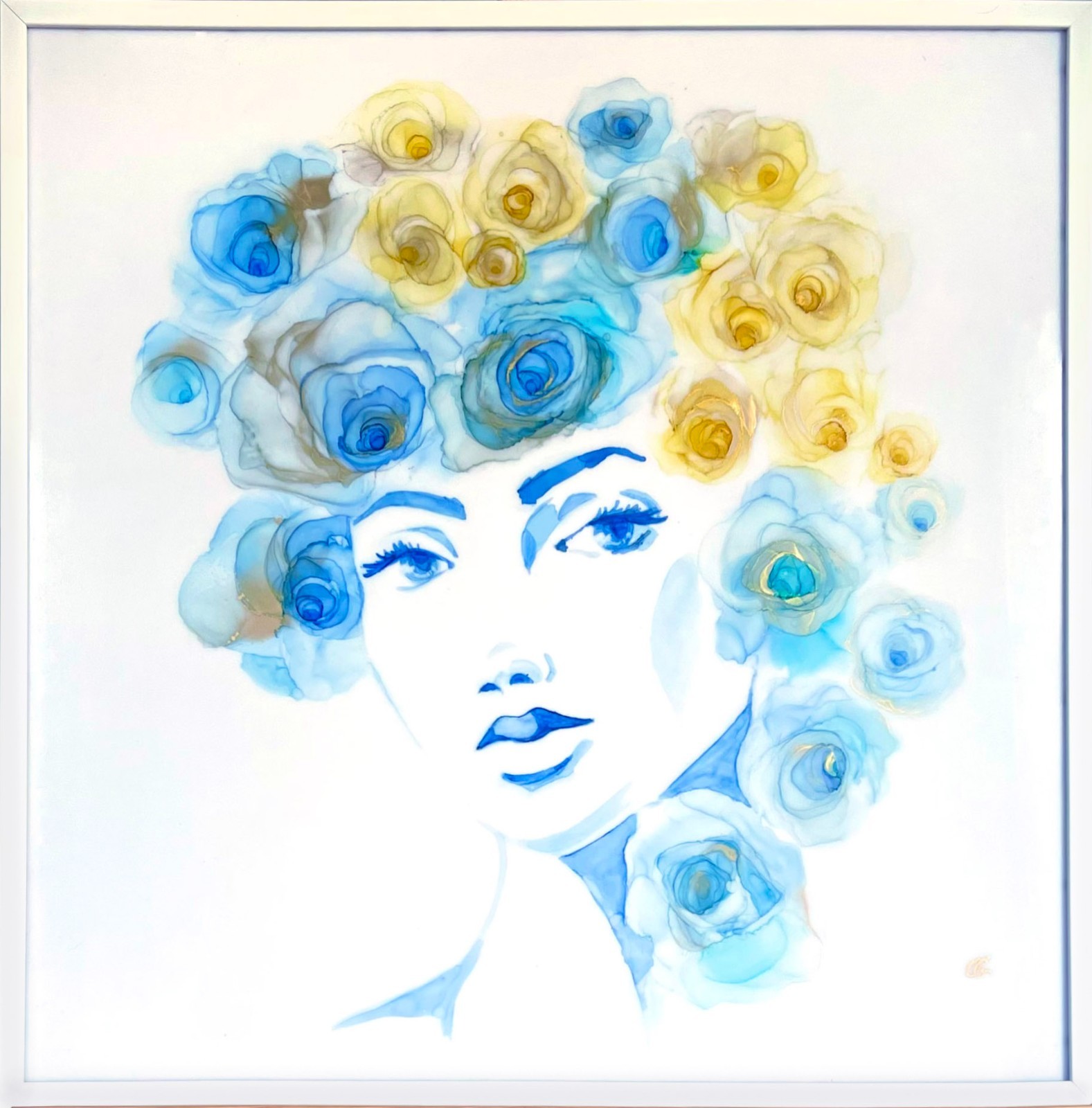 art 600 original painting 60×60 cm OH woman girl alcohol inks white plexiglass