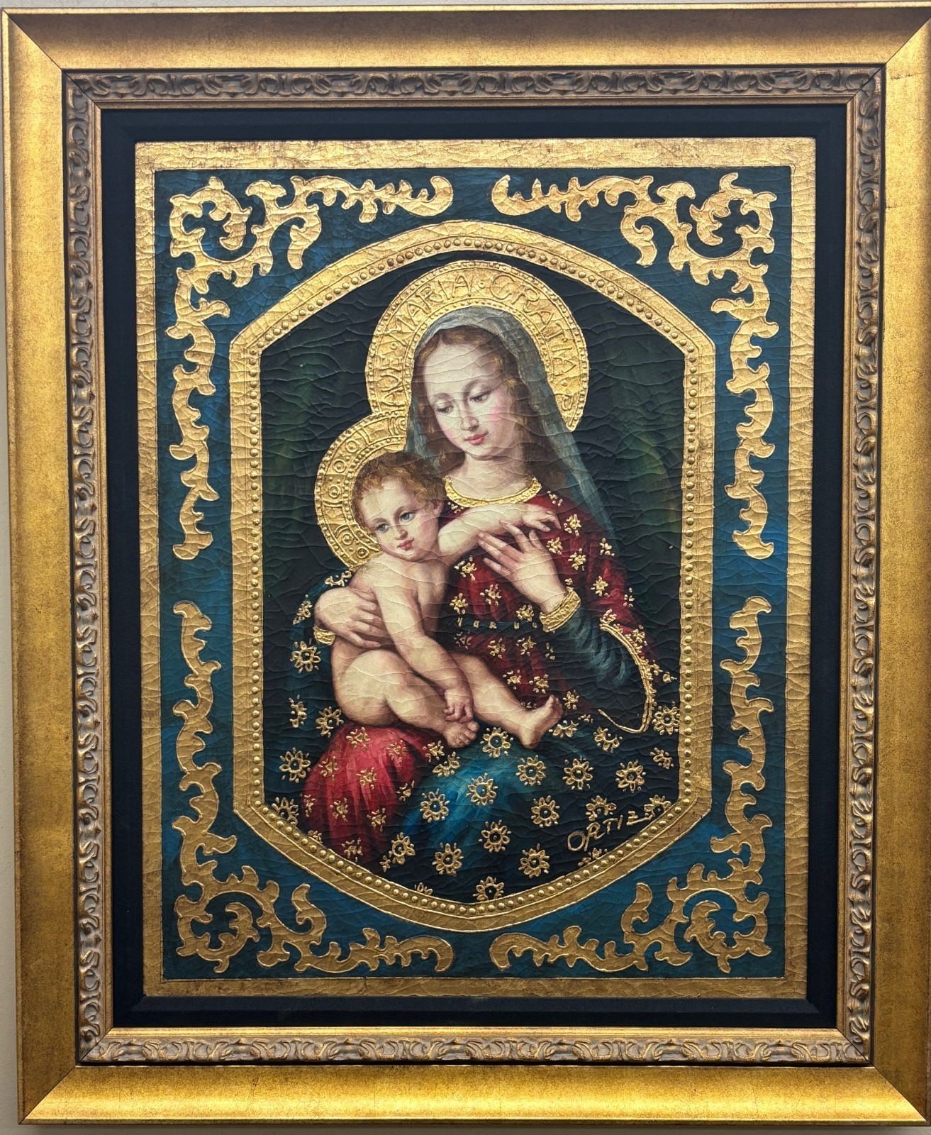 Ortiz «Mother & Child in Gold»Hand Painted Oil Religious Art Jesus Madonna New