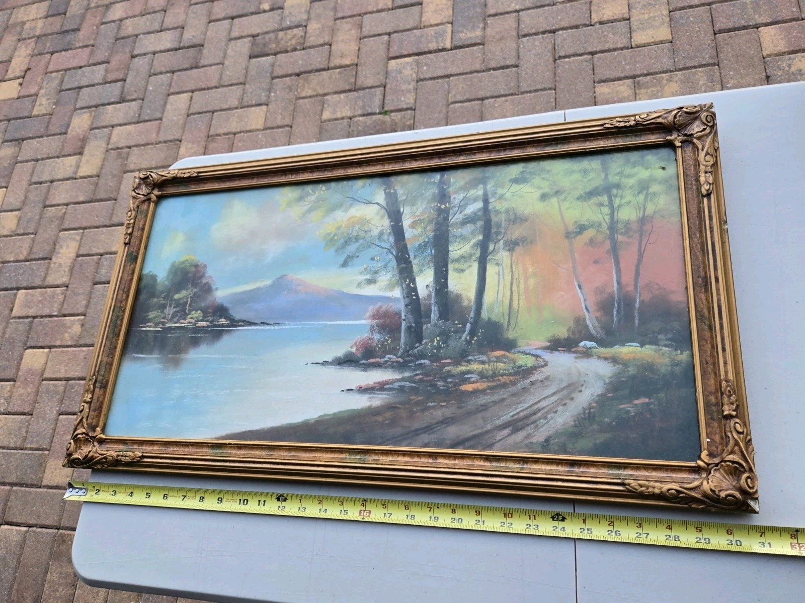 Vtg Antique Pastel Chalk Painting Mountain Lake Scene OOAK Signed Framed 17×30.5