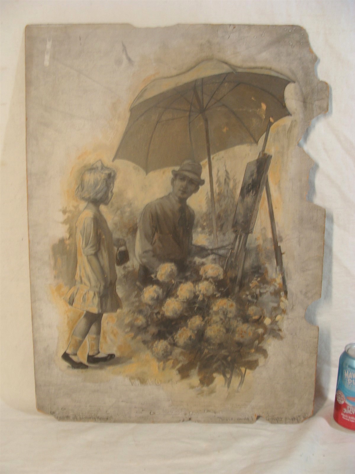 Antique 19C William A McCullough Painter Under Umbrella & Girl Painting