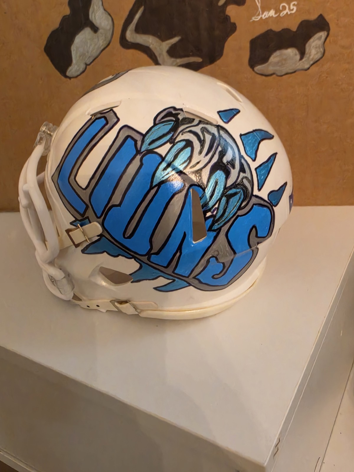 OOAK original Altered Hand Painted Detroit Lions Mini Speed Helmet & Painting