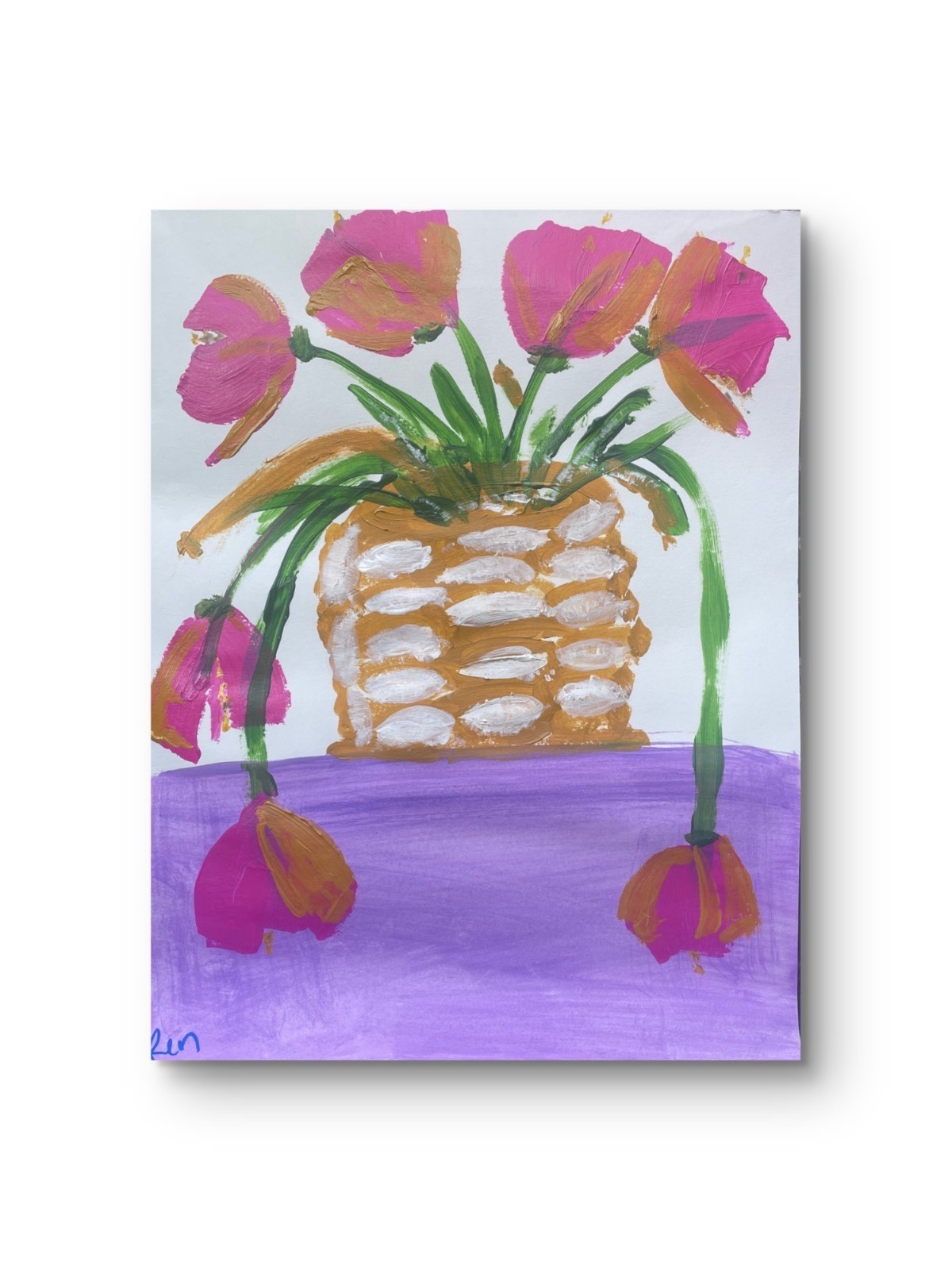 Pink Tulip Painting Floral Basket Bright Modern Decor 11×14 Paper Art