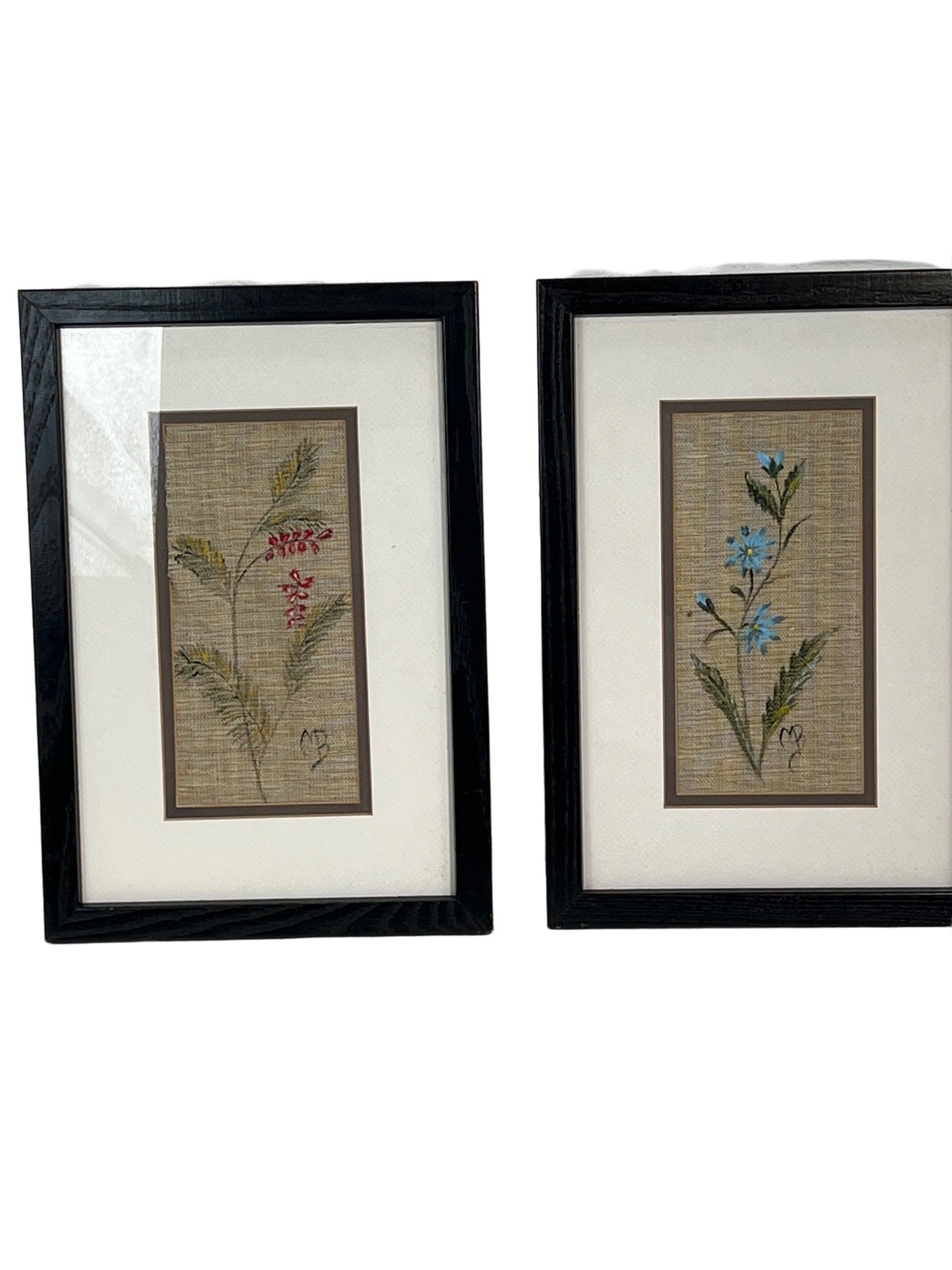 Vintage Paintings 2 Floral on Burlap Fabric Signed Framed Delicate 9×13 Asian