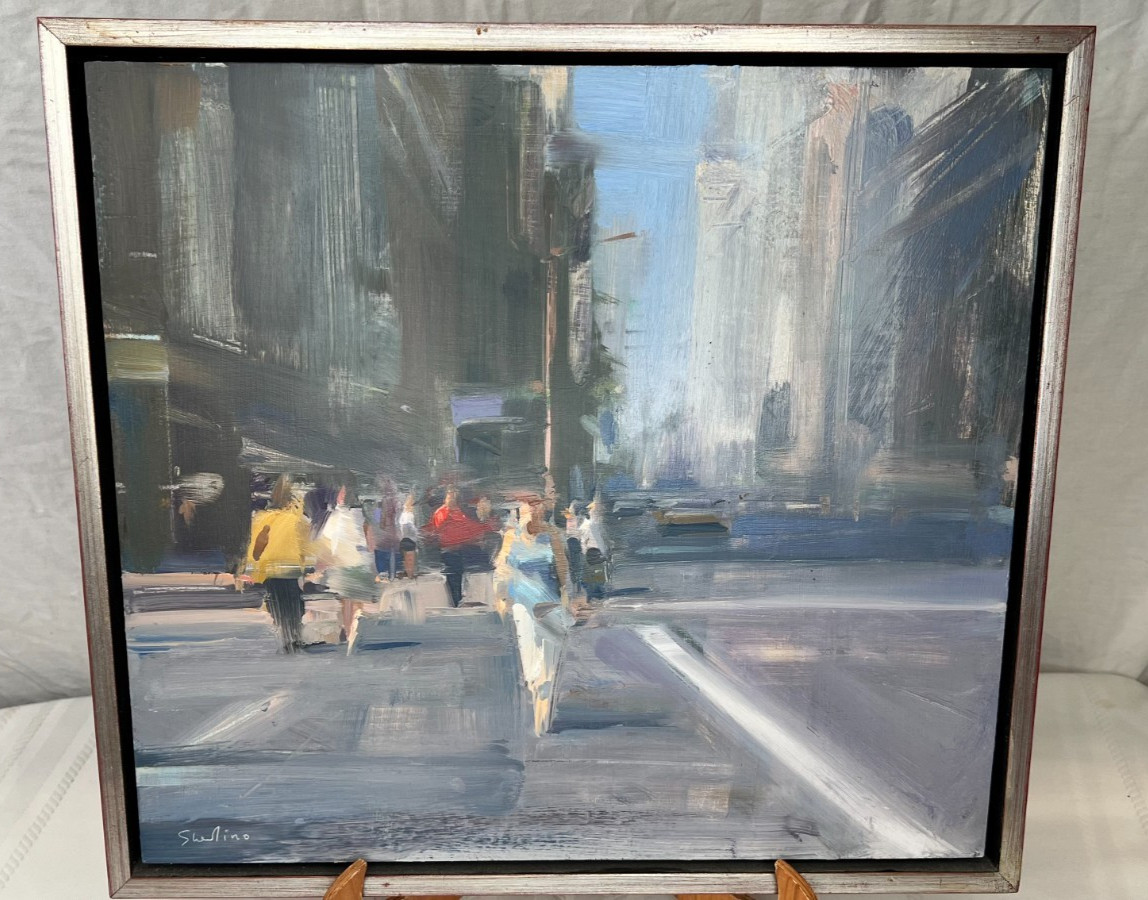 David Shevlino «Pedestrians Walking» 2010 Original Oil Panel Cityscape Signed