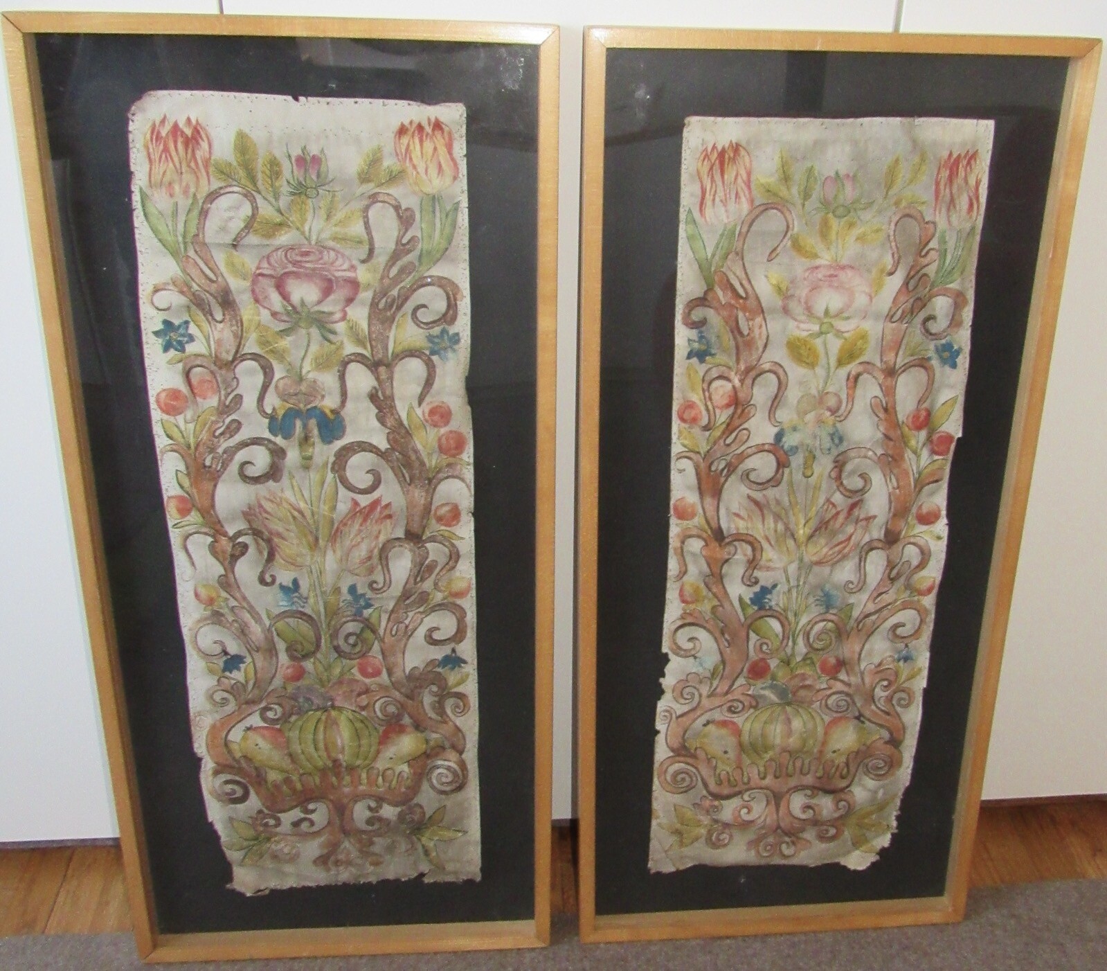 Pair framed Swedish Dalmålning painting on leather flowers tulip rose 14×30″
