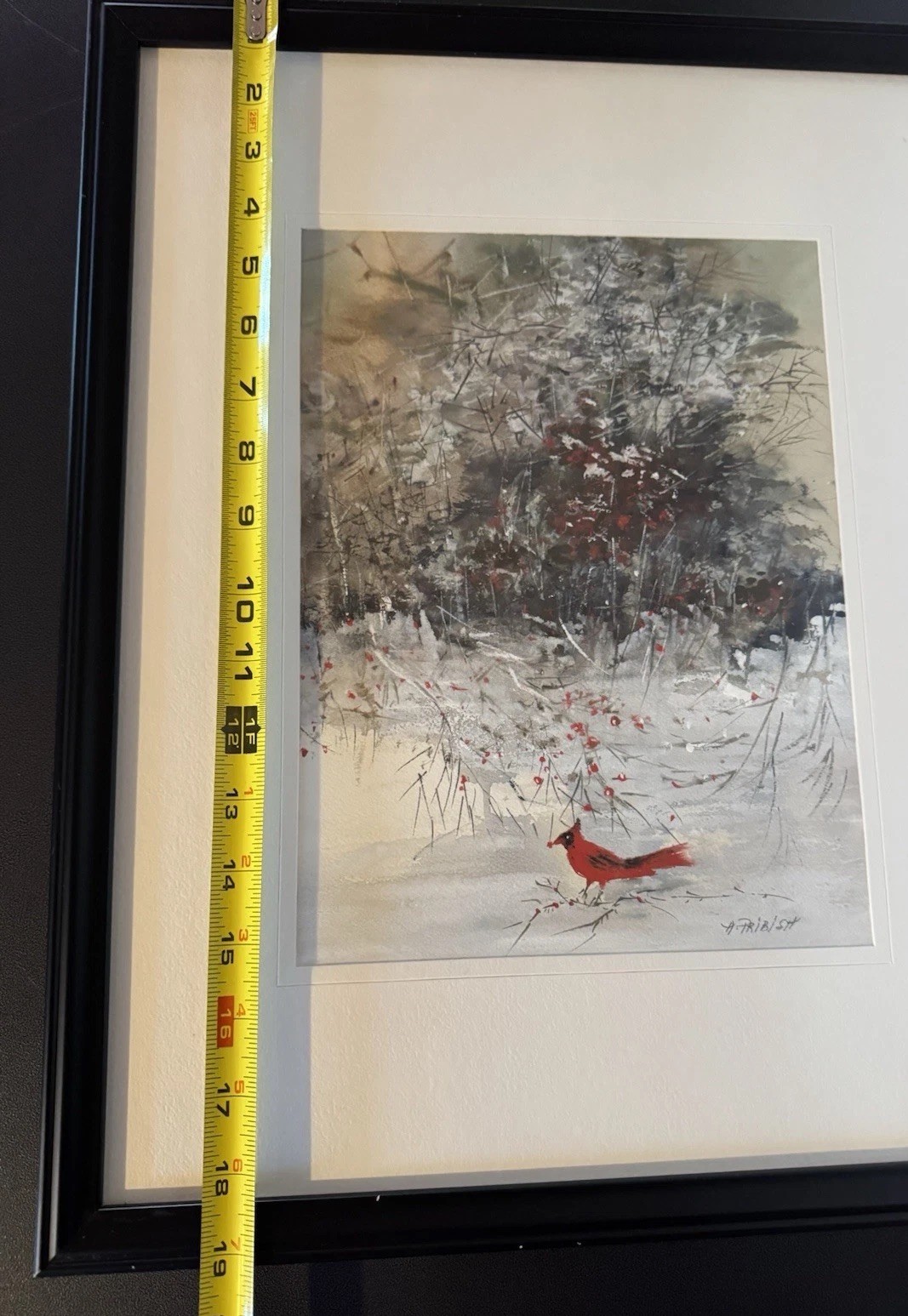 Cardinal Bird Winter Scene Original Watercolor Painting Sign Ann Pribish 19×15”