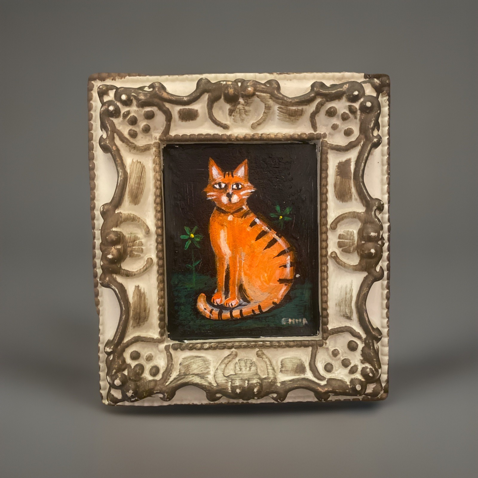 Vintage Small Orange Cat Painting Ginger Kitten 6” X 6” Original Free Ship!