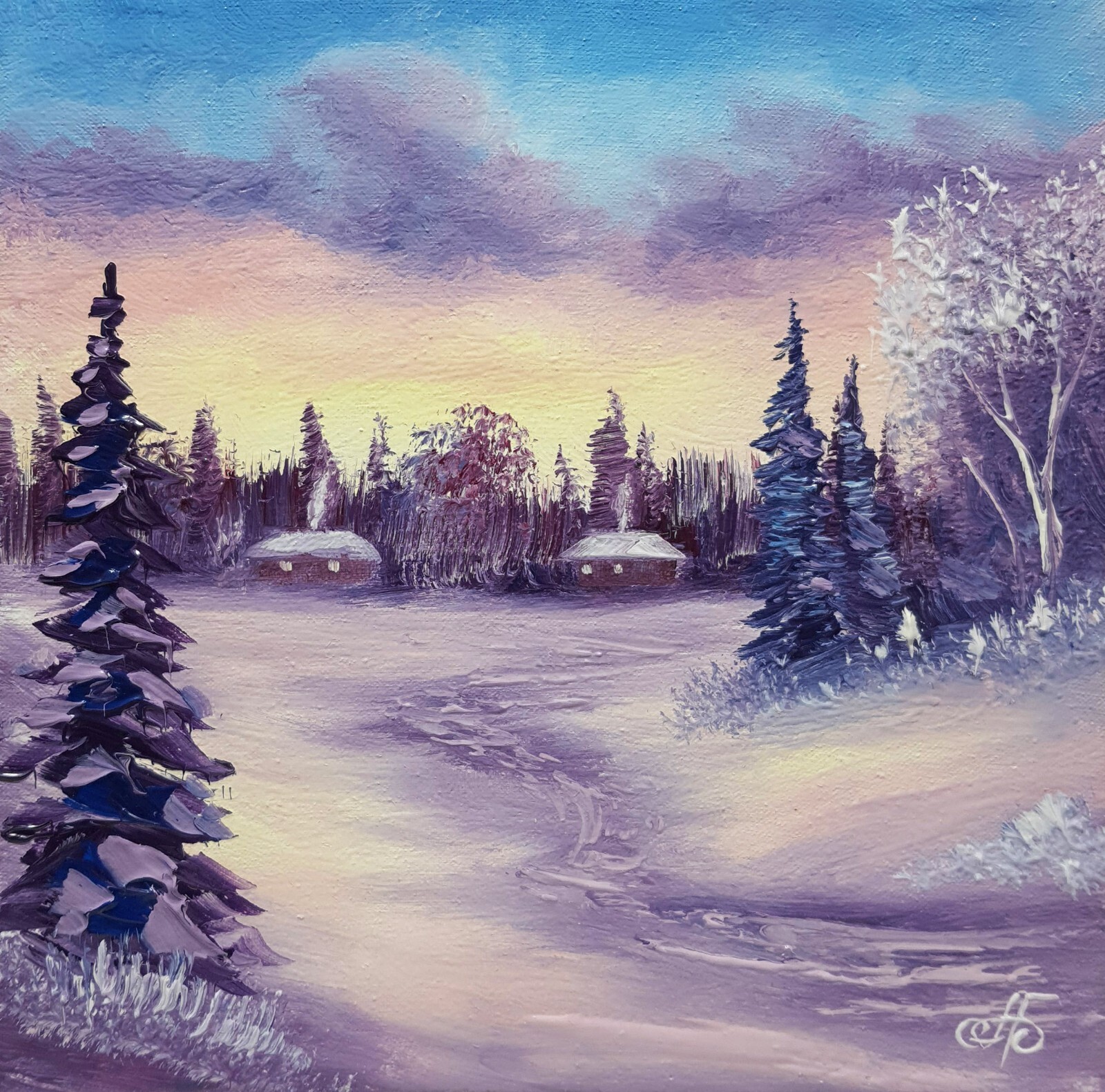 Peaceful Winter Village Original Oil Painting Snow Landscape Cottage Wall Art