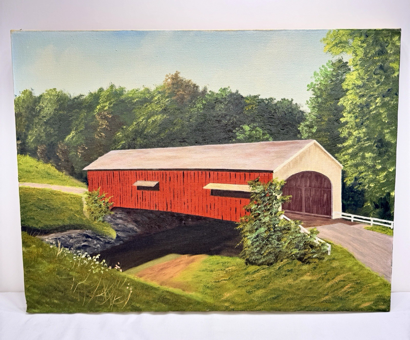 VTG Indiana Covered Bridge Original Oil Painting on Canvas 24 x 18 Landscape MCM