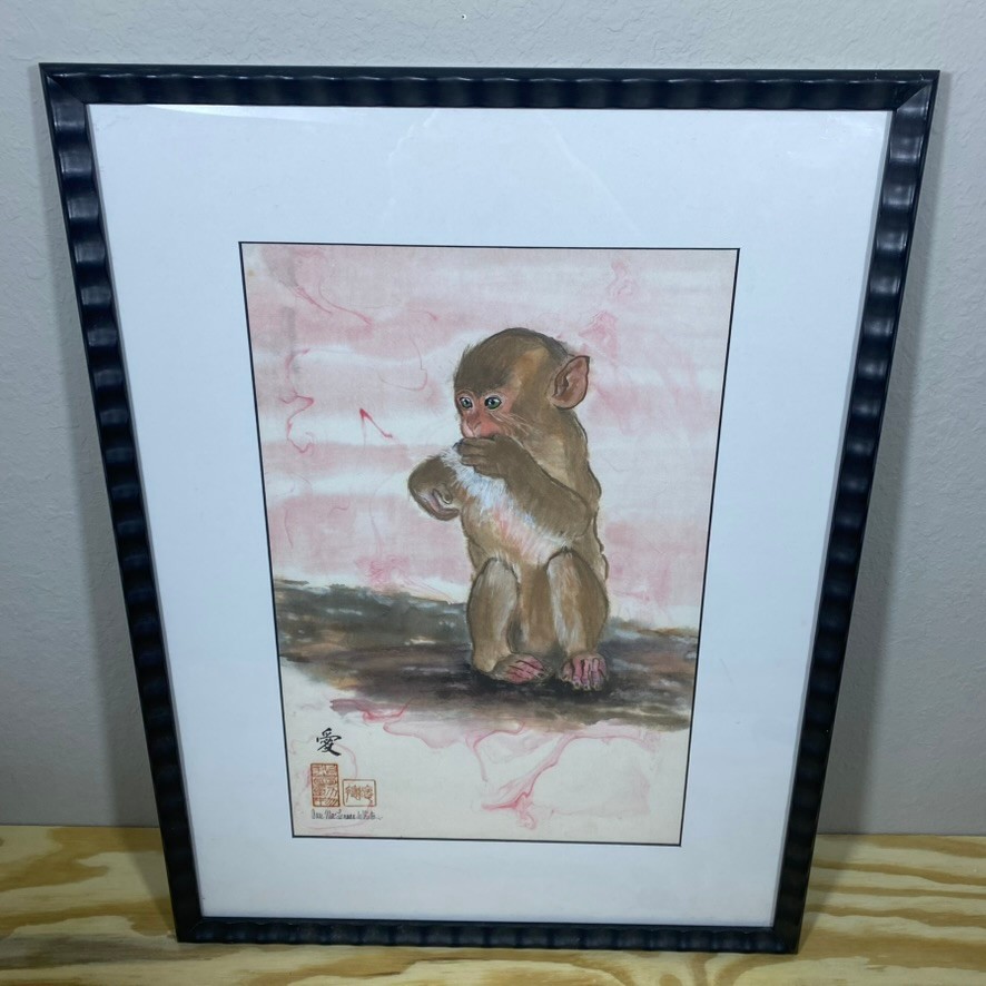 Ann MacLennan White Baby Monkey Watercolor Asian Art Framed 25×19 Signed
