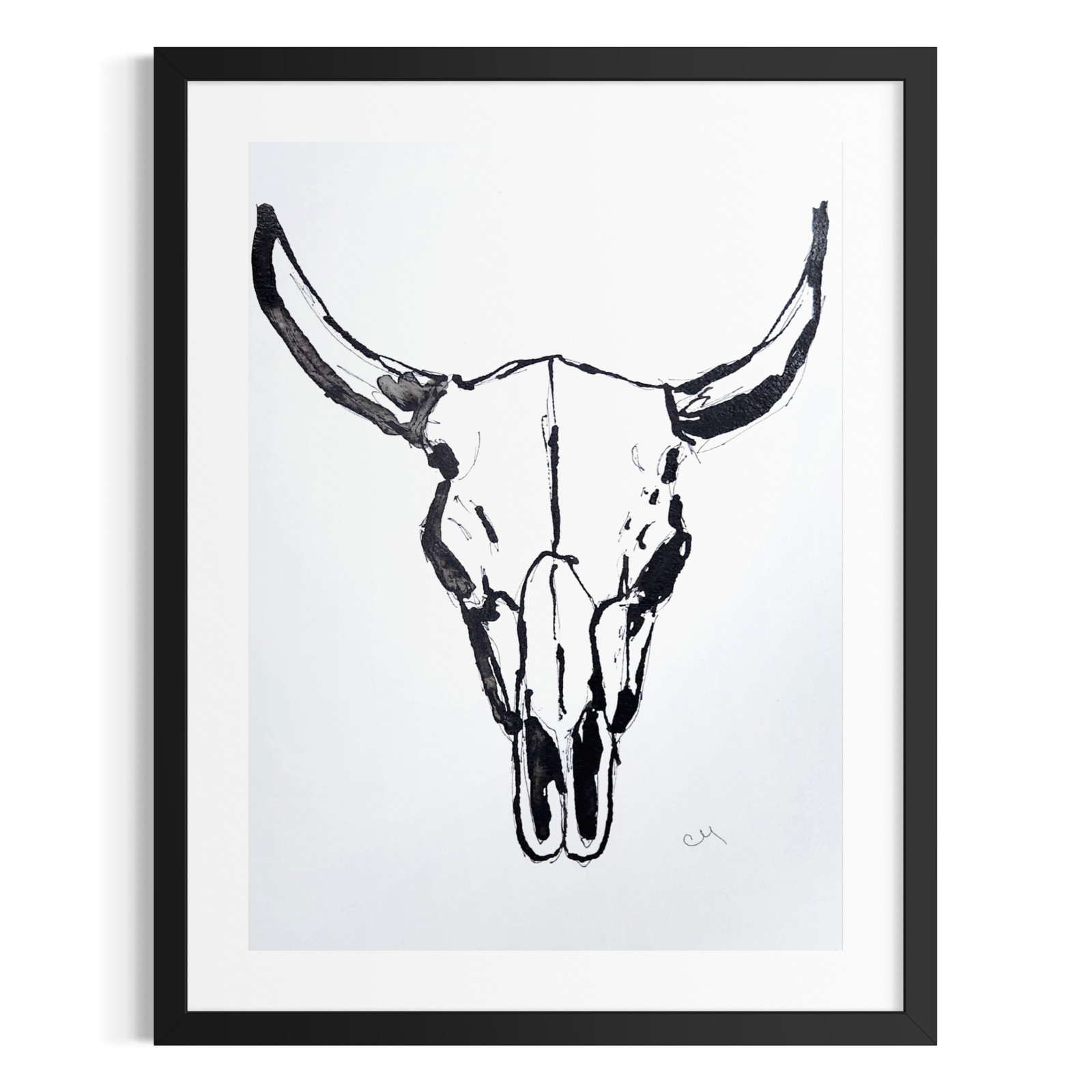 Original Minimalist Cow Skull 9×12 Western Painting Black White Acrylic Ink Art