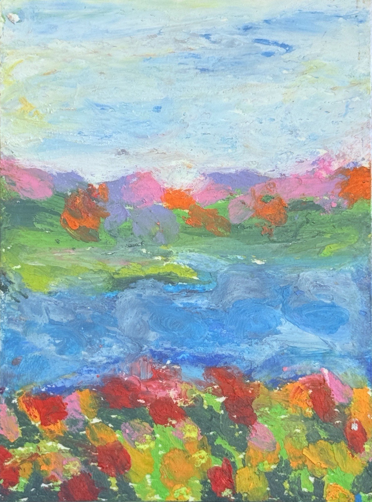 Original ACEO Impression Abstract Oil Pastel Landscape Mini Painting 3.5”x2.5”