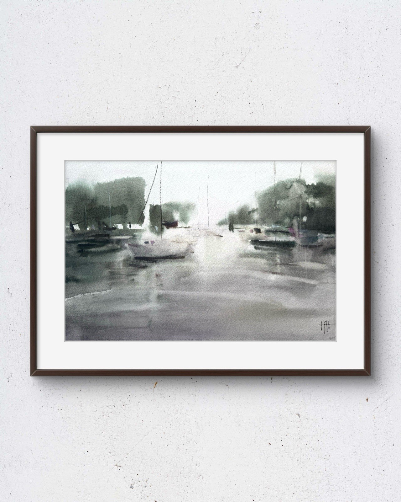 Boat Harbor 15×10 Original Watercolor Landscape Painting on Paper Signed bl