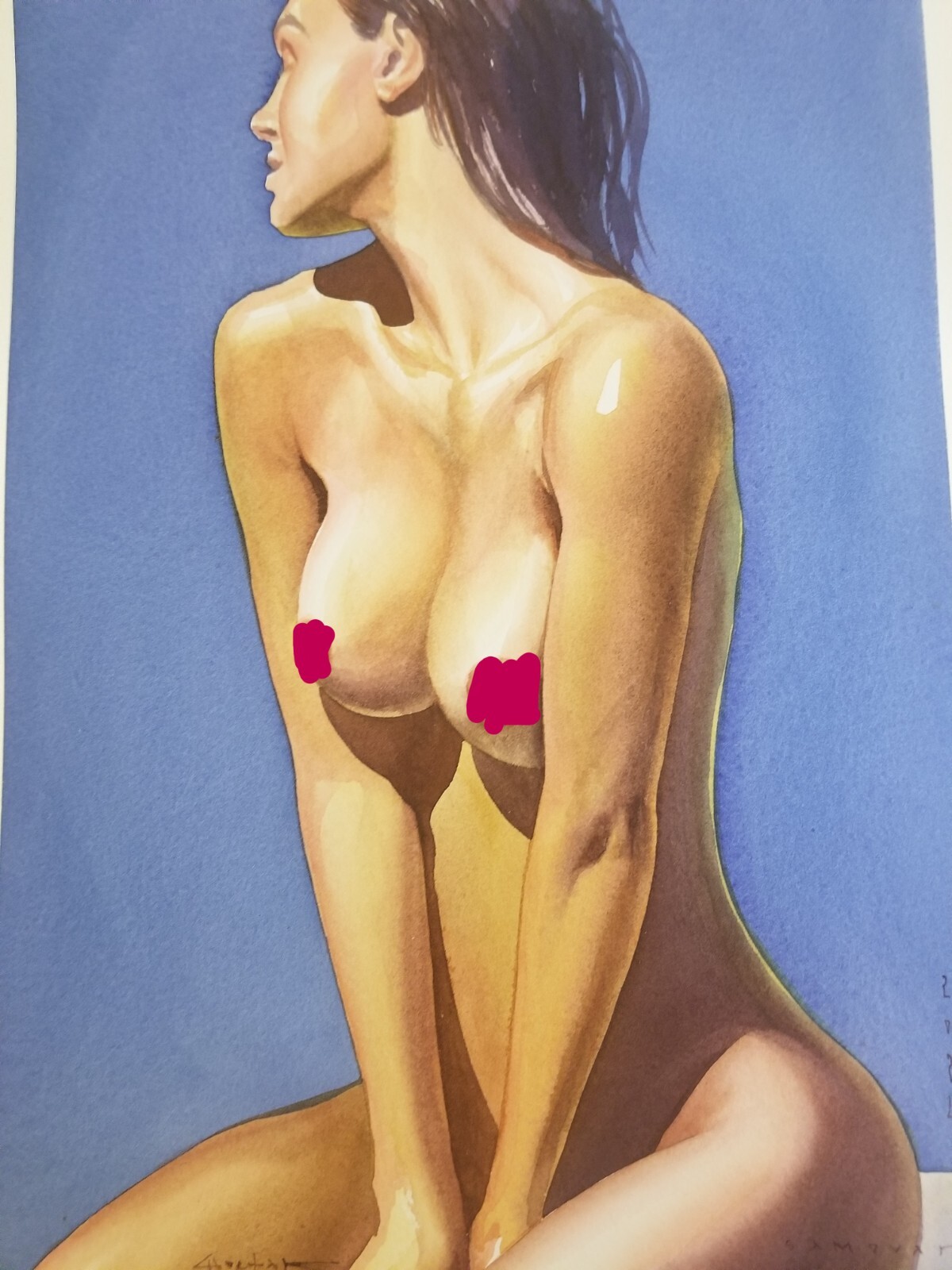 original painting 28 x 40 cm 16ShA Art Realism Watercolor Female nude Signed