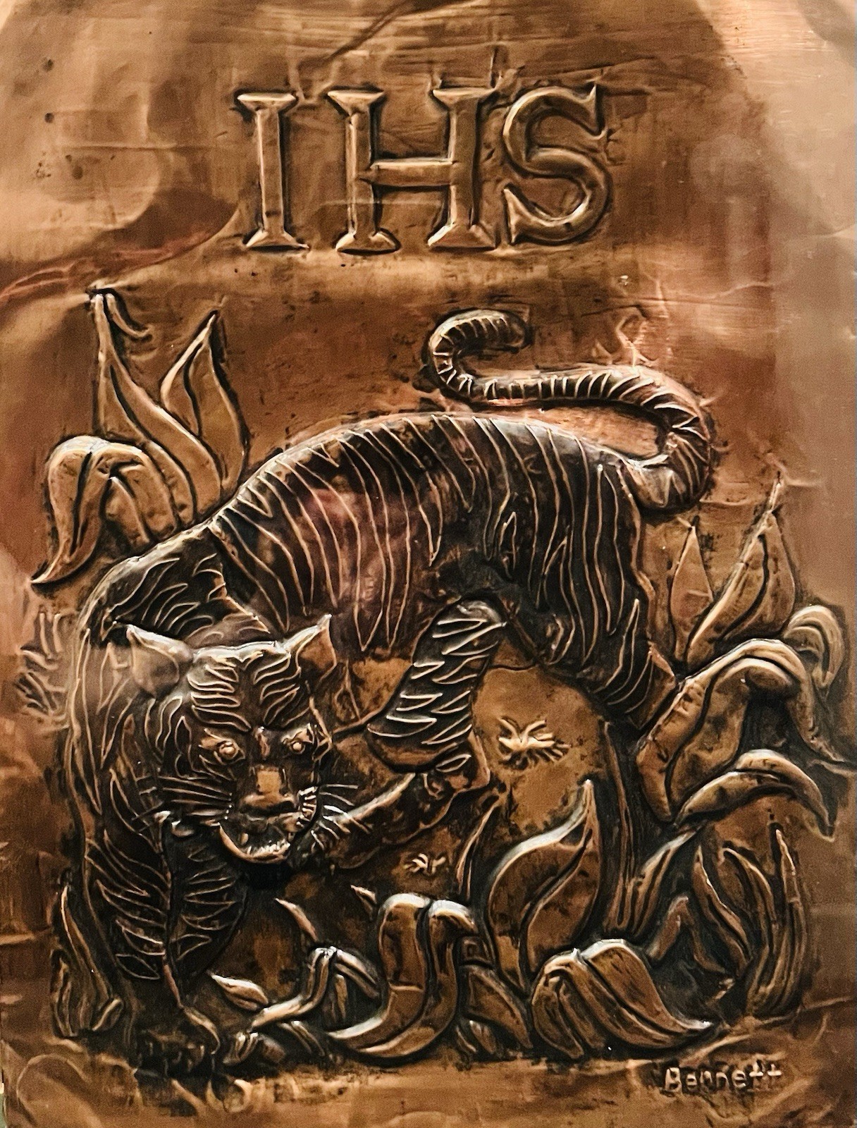 Vintage Handmade IHS Copper (repoussé) Artwork, Decor Signed By Bennett 1950s