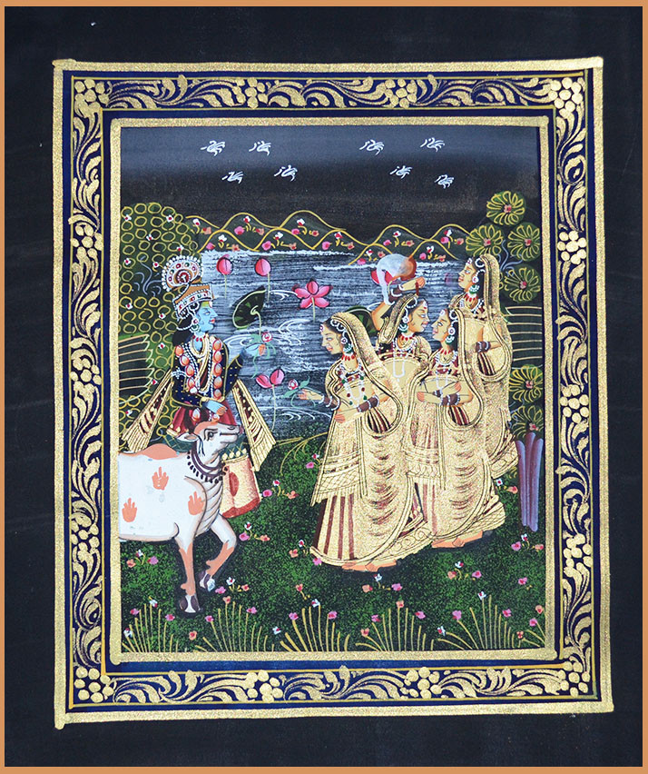 Radha Krishna Miniature Original Painting on Silk Cloth India Natural Colors!