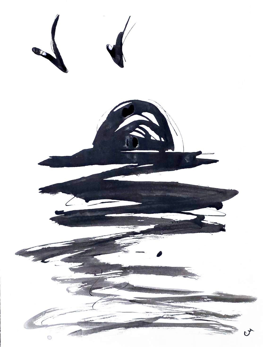Original Abstract 9×12 Seascape Painting Minimalist Black White Home Decor Art