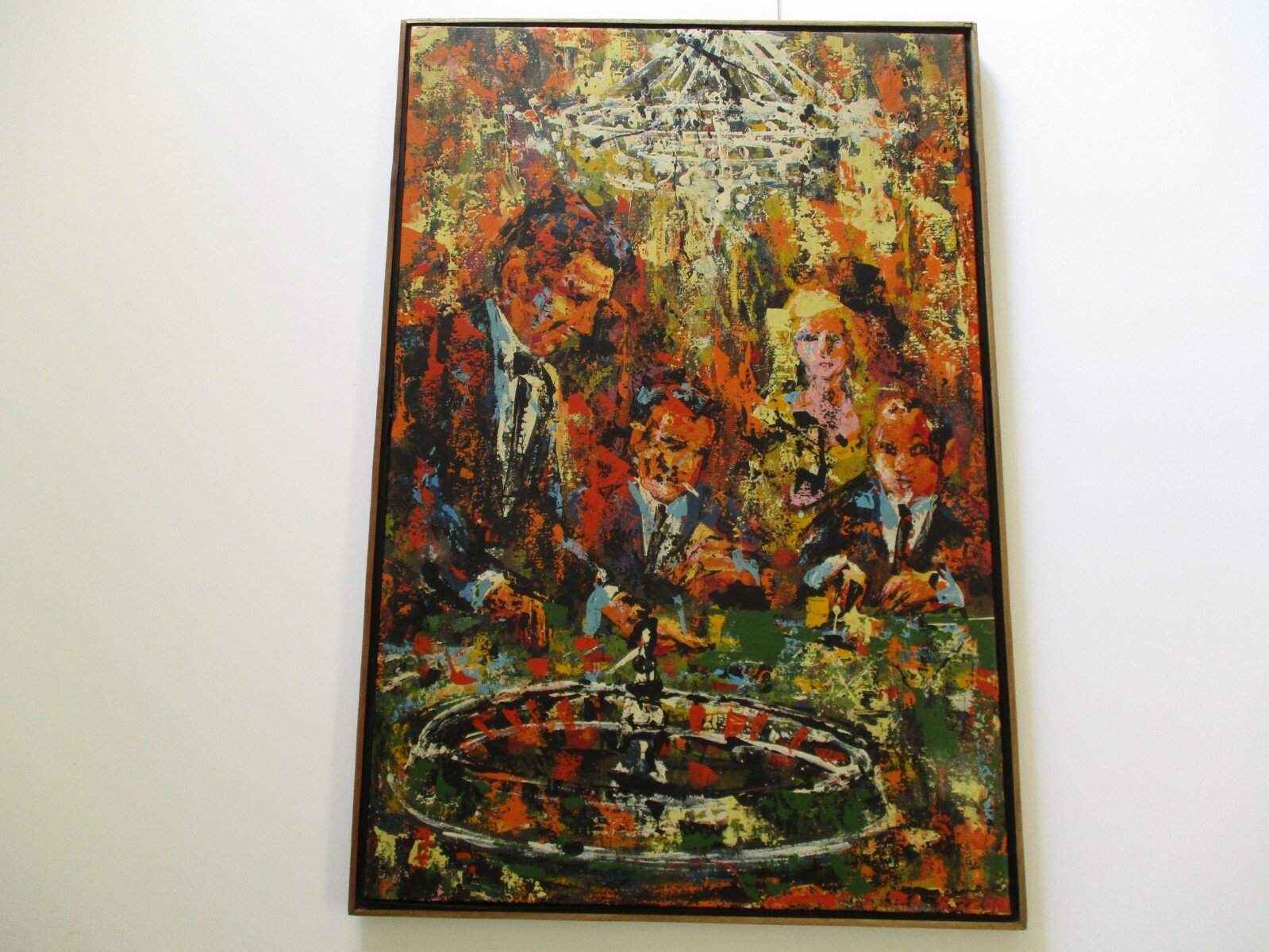 LARGE PAINTING AFTER OR LEROY NEIMAN STYLE CASINO GAMBLING ROULETTE WHEEL 36″