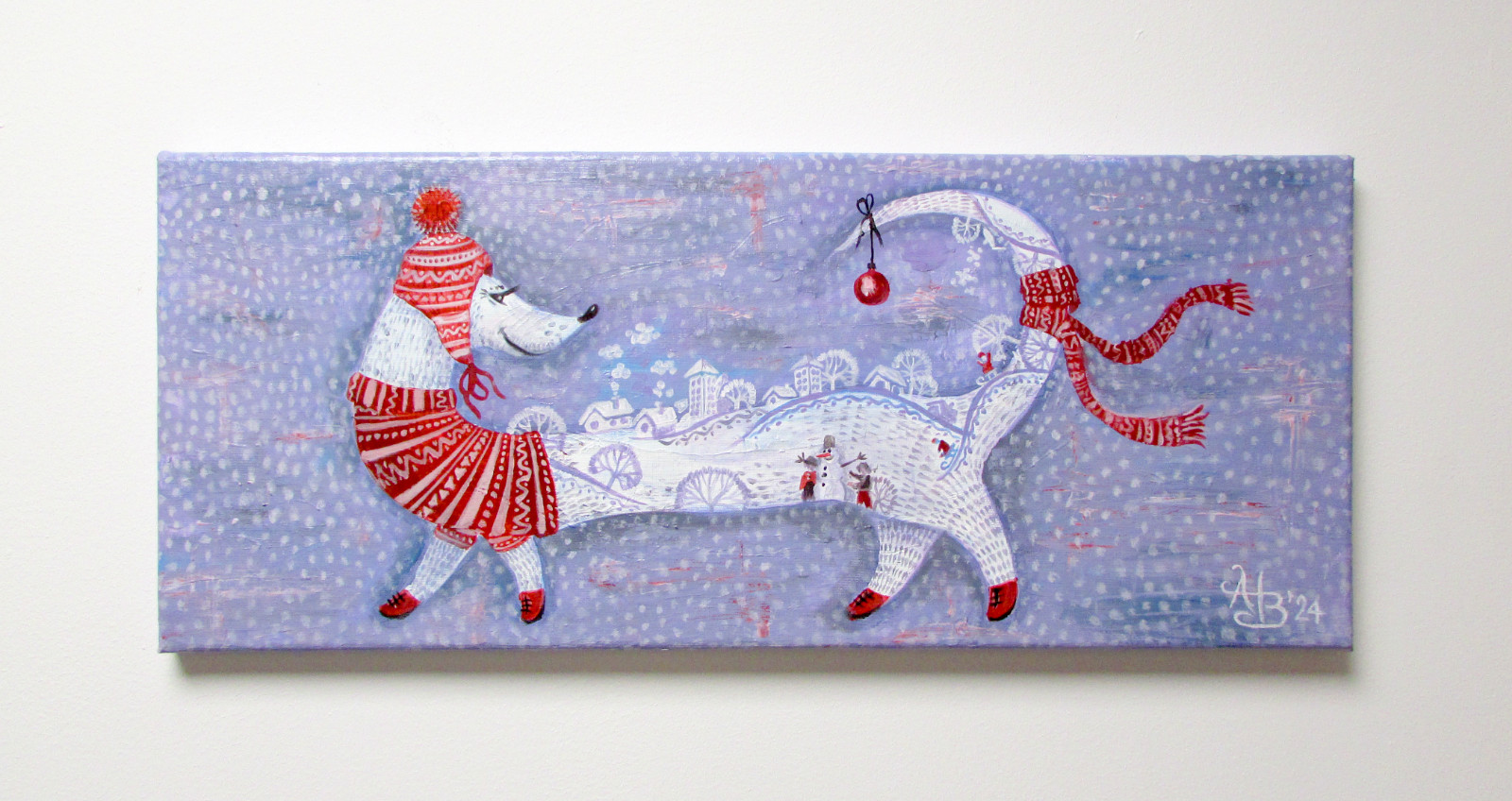 ART FOR SALE! Original Winter Dog Painting_ Naive Art_ Canvas acrylic_BEST Gift!