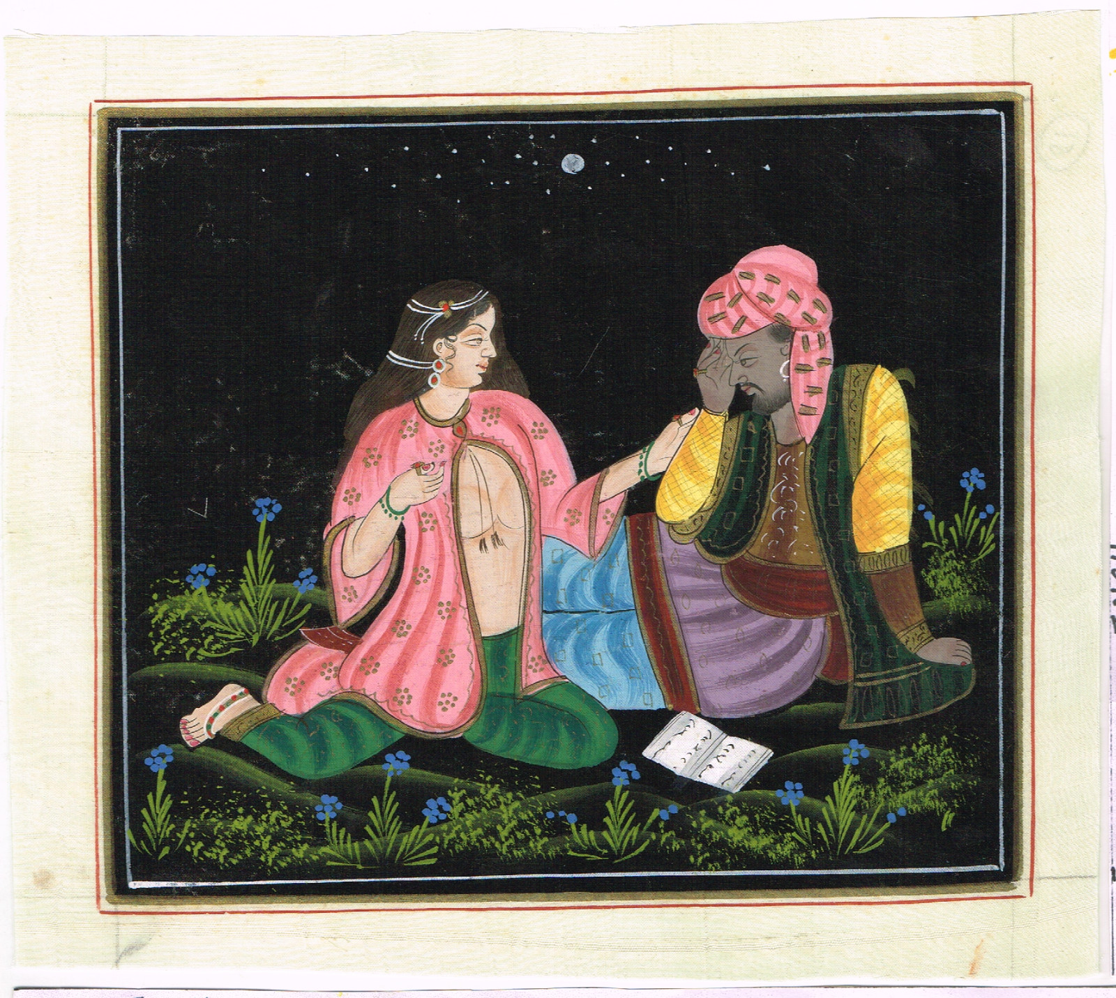 Indian Miniature Painting A Couple In Love Scene in Moon Light 8.5×7.75 Inches