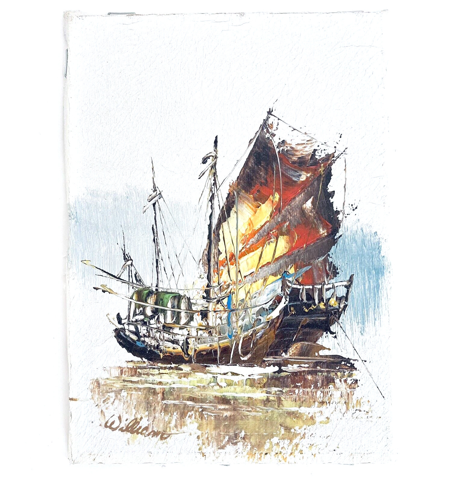 1982 Wilson Ship Impasto Painting Nautical Asian Sailboat Retro Small Art Canvas