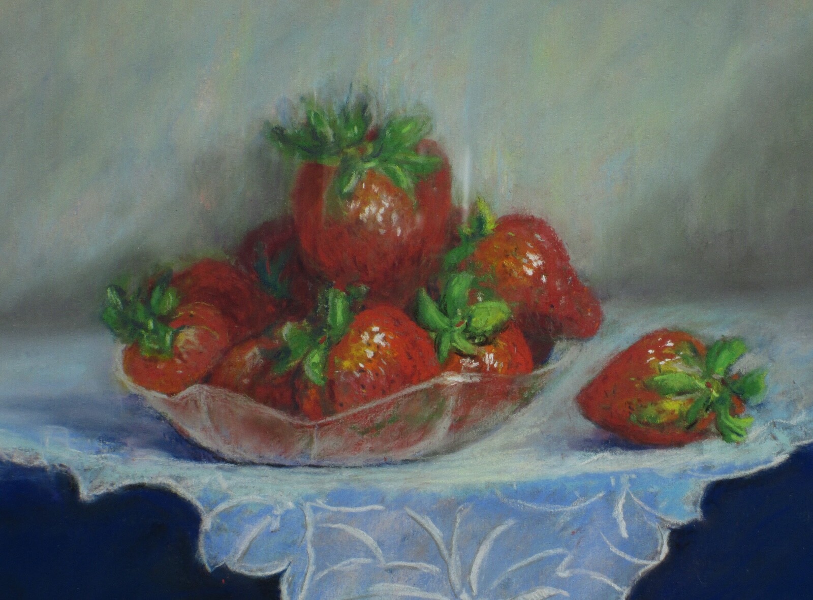 Fong Ling Pastel Painting Drawing Strawberries in Bowl Framed 19 W 16-1/2in Tall