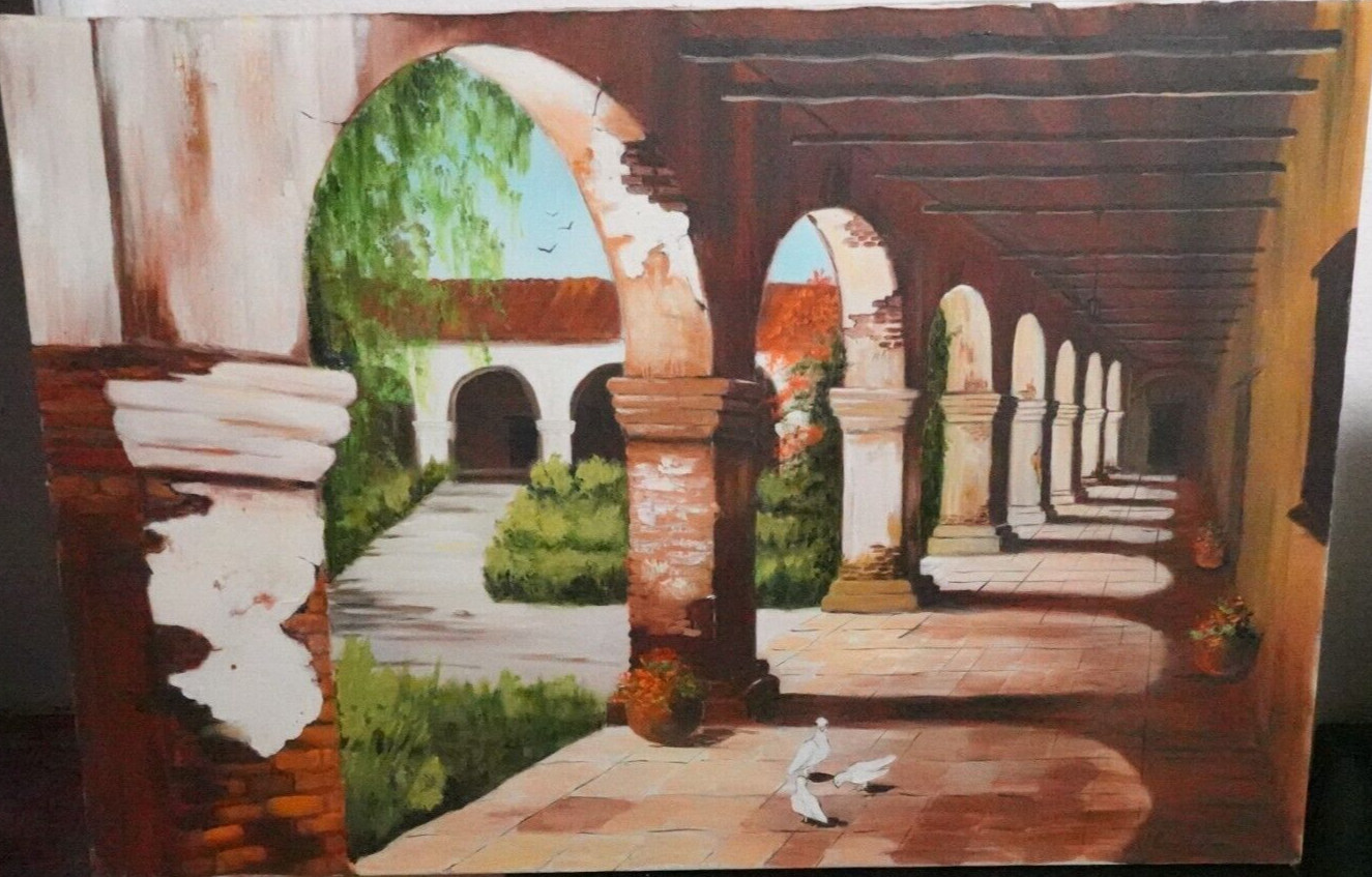 JOHN CUNNINGHAM CALIFORINIA MISSION WHITE DOVES OIL ON CANVAS PAINTING UNFRAMED