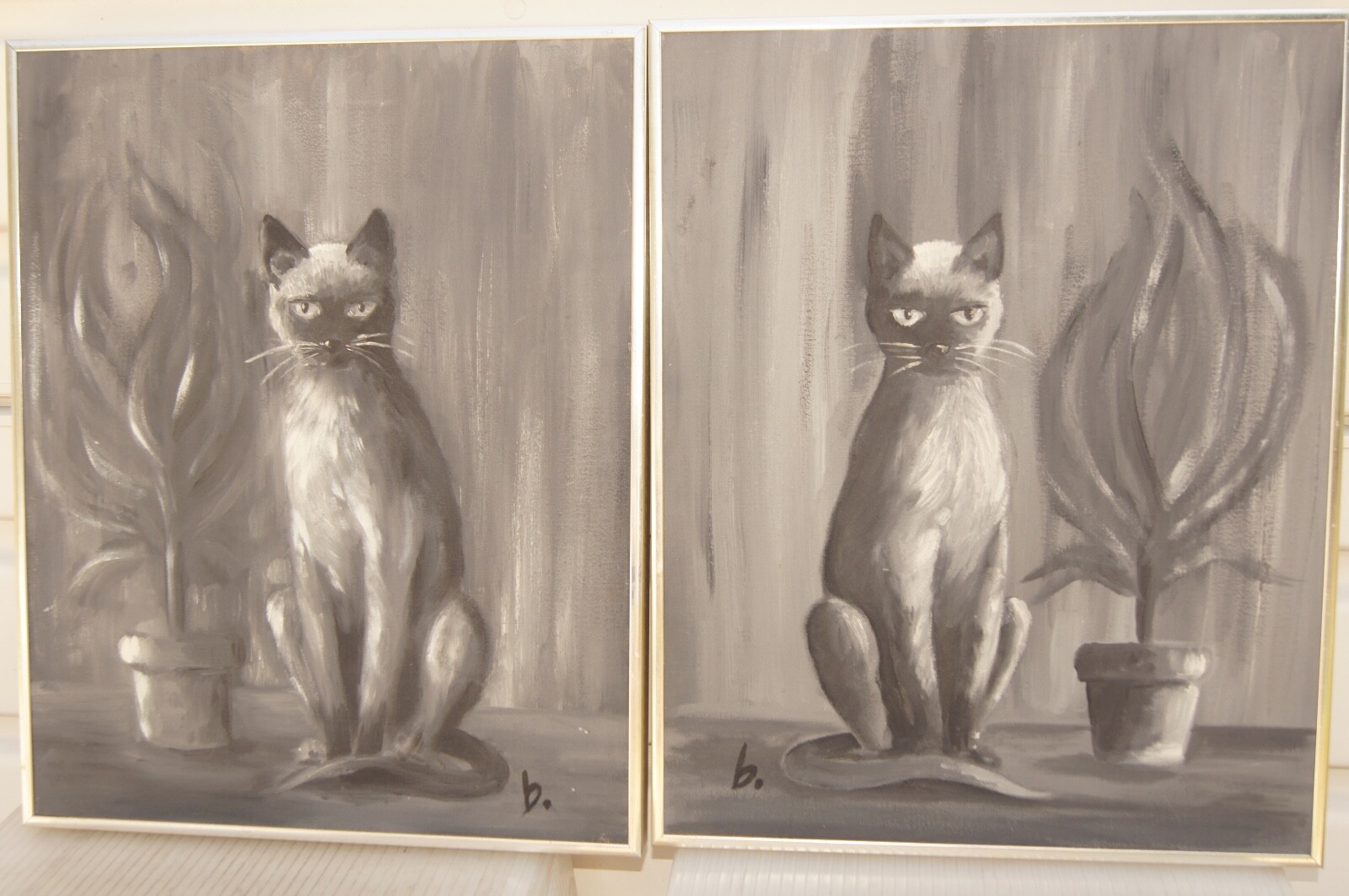Siamese Twin Cats Sarasota Feline Signed Original Vintage Framed Pair Paintings