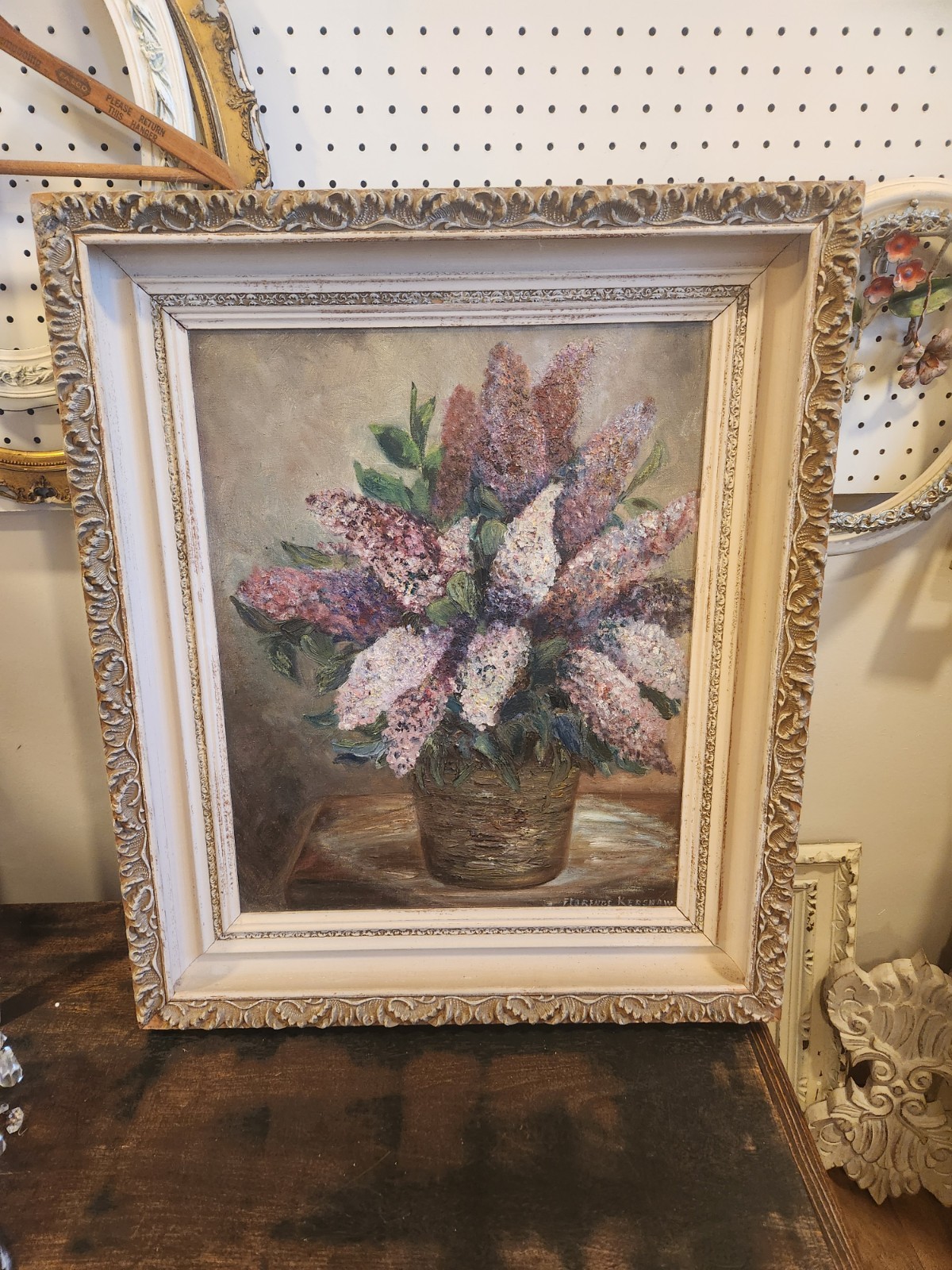 Vintage Original Oil Board LILACS Painting Frame Signed Shabby Cottage Chic